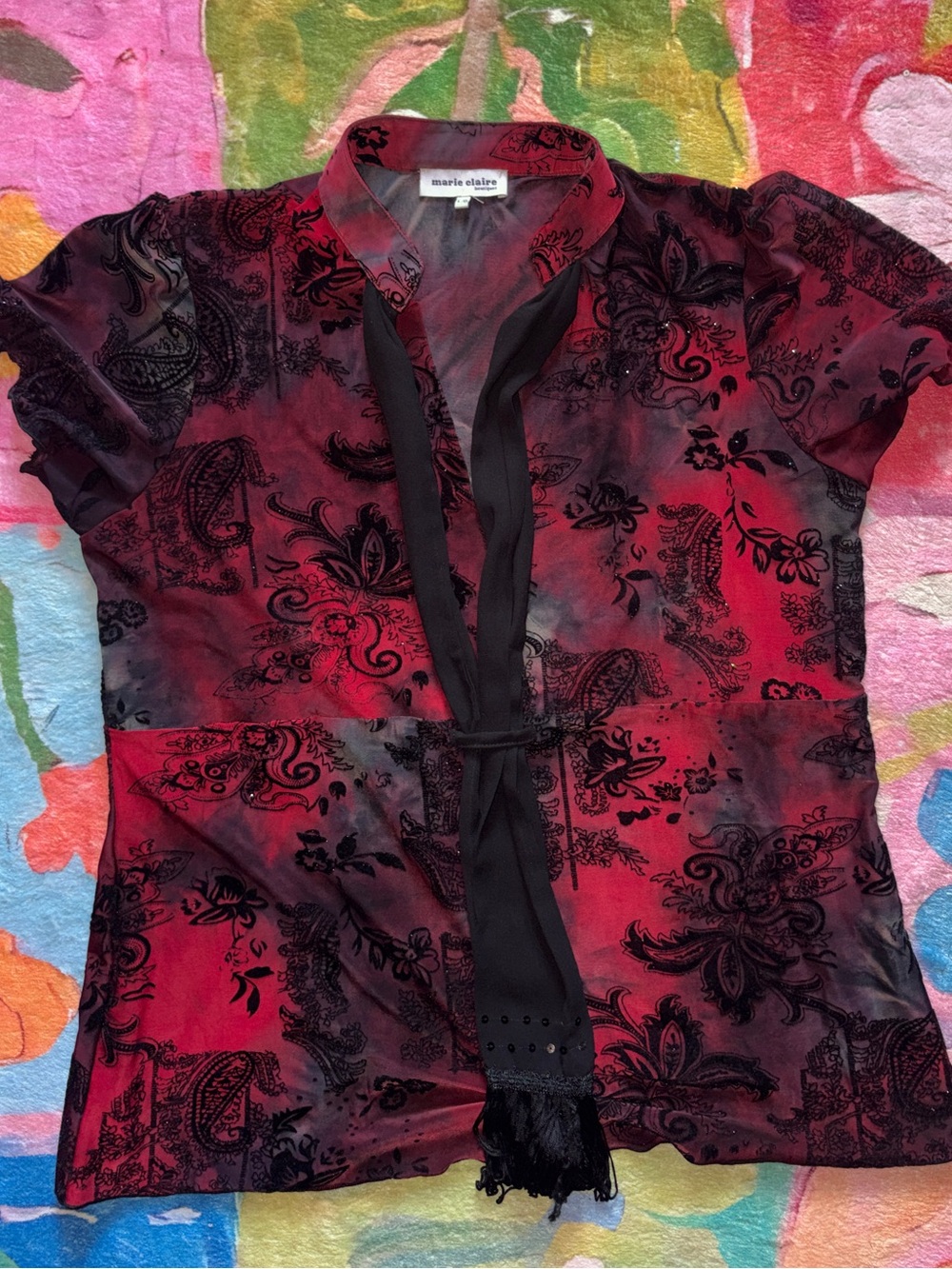 Marie Claire Vintage Y2K Velvet Burnout Paisley Mesh Tie Top Large